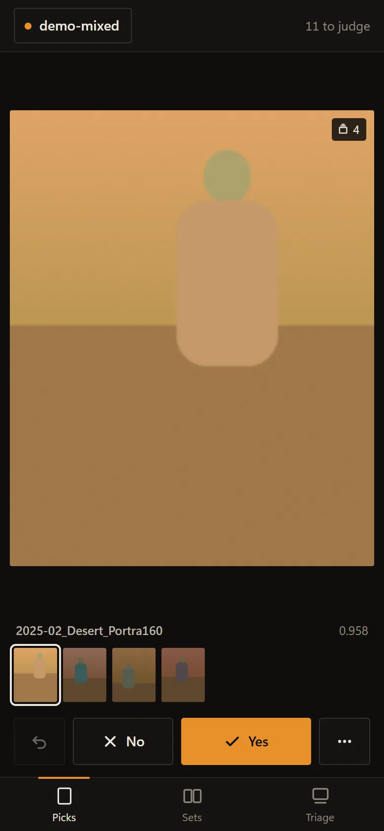Kurio's phone page in demo mode: one large demo photo with its stack count, its score, the other frames of its stack, and No and Yes buttons above the Picks, Sets and Triage tabs.
